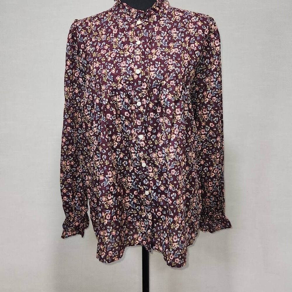 Loft Women's Size Large Purple Floral Poplum High Neck Button Down Shirt Top